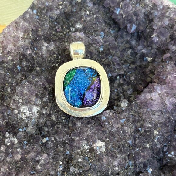 Vintage Dichroic Pendant Sterling Silver Blue Purple Glass Vintage - Picture 1 of 8